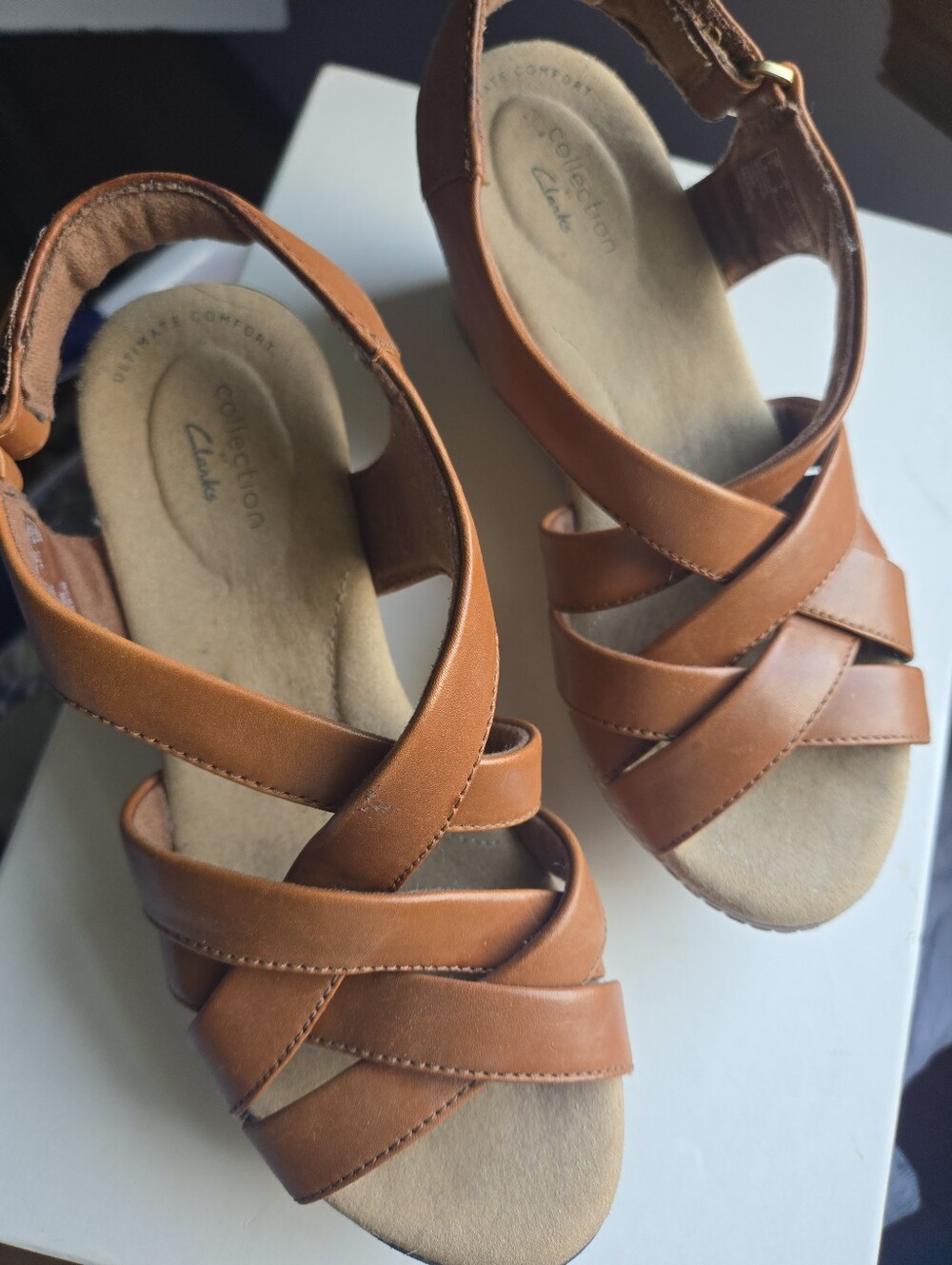 Clarks Chestnut Brown Leather Strappy Wedge Sandals